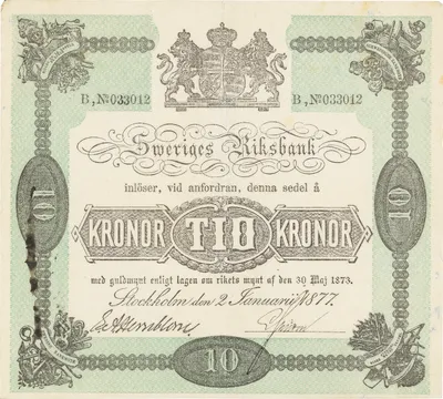 10 kronor, Sveriges riksbank, 1877