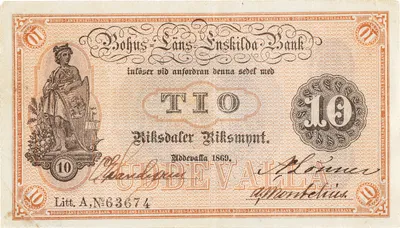 10 riksdaler riksmynt, Bohusläns Enskilda Bank, 1869