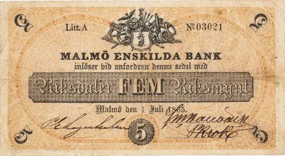 5 riksdaler riksmynt, Malmö Enskilda Bank, 1865