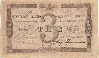 3 riksdaler banco, Privat Banken i Örebro, 1837