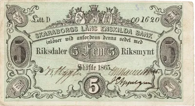 5 riksdaler riksmynt, Skaraborgs Läns Enskilda Bank, 1865