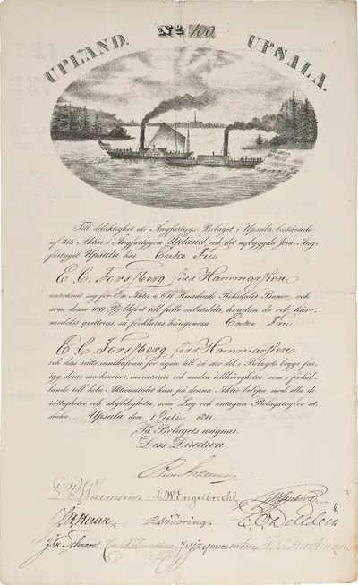 Ångfartygsbolaget in Uppsala Share certificate, 1841  