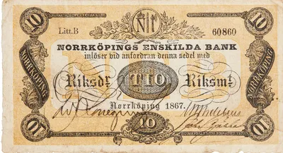 10 riksdaler riksmynt, Norrköpings Enskilda Bank, 1867