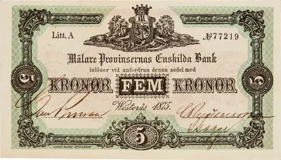 5 kronor, Mälareprovinsernas Enskilda Bank, 1875