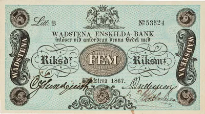 5 riksdaler riksmynt, Vadstena Enskilda Bank, 1867