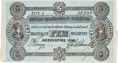 5 riksdaler riksmynt, Enskilda industribanken i Norrköpin, 1865