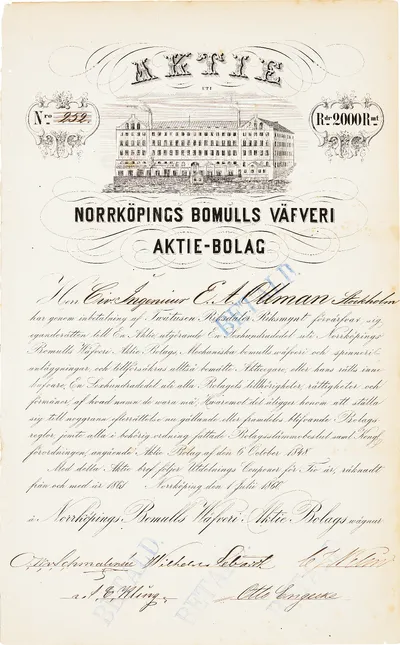 2000 riksdaler riksmynt, Norrköpings Bomulls väfveri AB, 1860-07-01