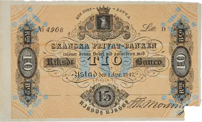 10 riksdaler banco, Skånska Priwat-Banken, 1847